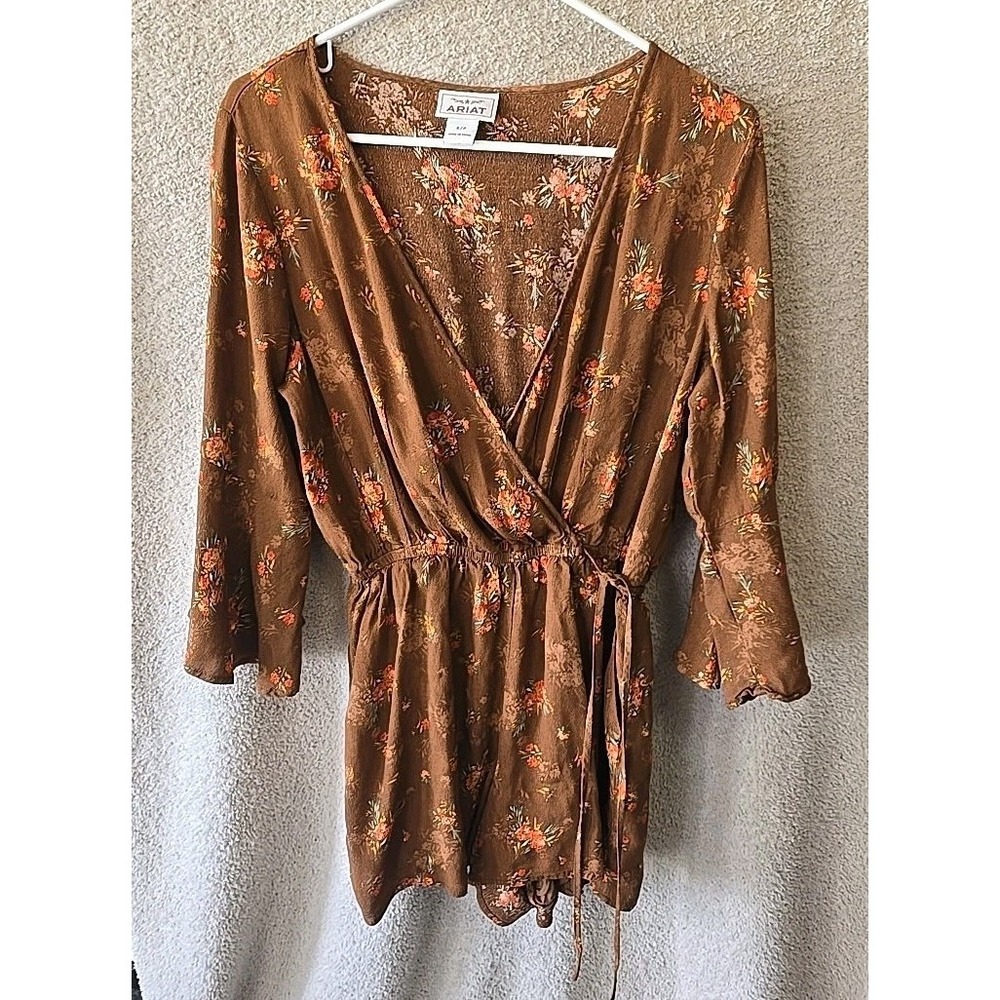 Ariat Women's Brown Floral Flower Gone Wild Surplice Romper Shorts Size S Boho‎